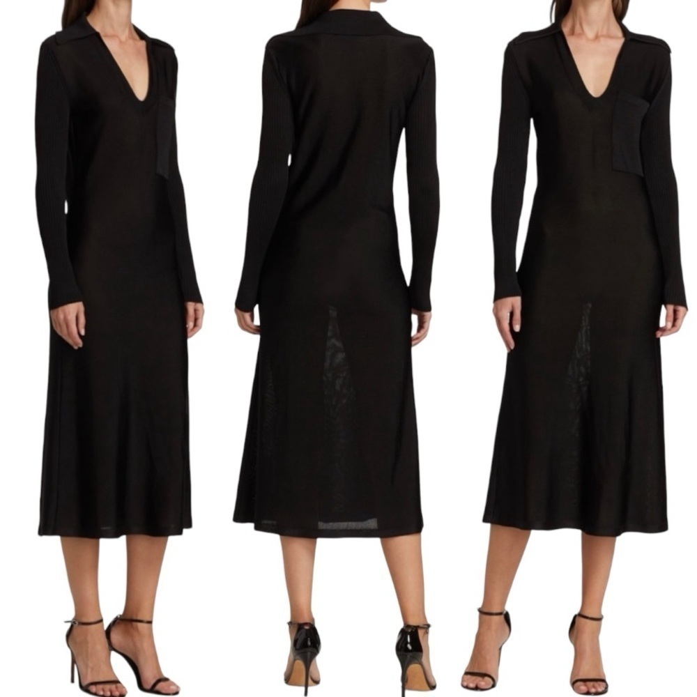 St. John Womens Dress Knit Shirt Collar Midi Black Pocket Collared Size Med NWT